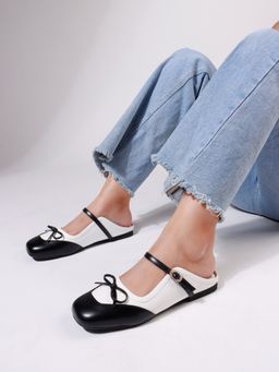 The White Pole - White Black Sandals with Bow and Embellished Buckle