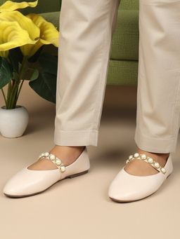 ELLE - Womens Embellished Mary Jane Comfort Ballerina - Cream