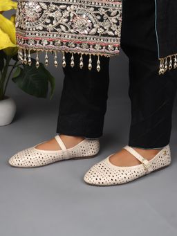 ELLE - Womens Perforated Mary Jane Comfort Ballerina with Adjustable Buckle - Cream