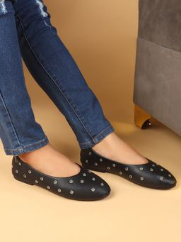 ELLE - Womens Round-Toe Ballerina with Metal Eyelet Detail - Black