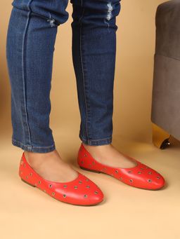 ELLE - Womens Round-Toe Ballerina with Metal Eyelet Detail - Red