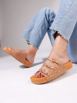 The White Pole - Nude Buckle Strap Studded Platform Platform Sandals