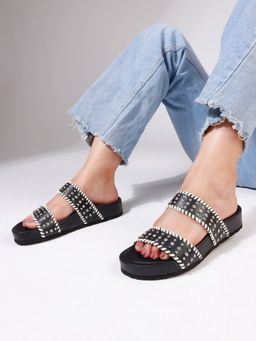 The White Pole - Casual Slide Black Sandals with Silver Studs for Women