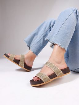 The White Pole - Casual Slide Olive Green Sandals with Silver Studs for Women