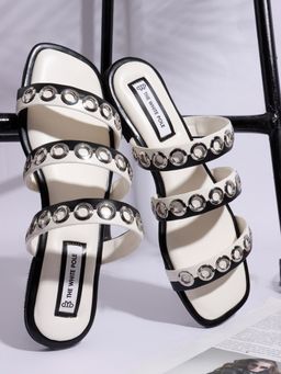 The White Pole - Trendy Triple Band Ring Embellished Black Flats for Women