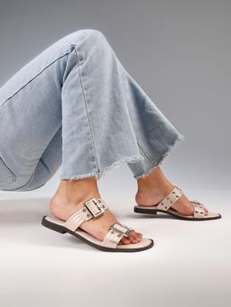 The White Pole - Glossy Beige Buckle Strap Slip-On Flats for Women