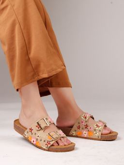 The White Pole - Floral Embroidered Jute Slip-On Cork Beige Sandals