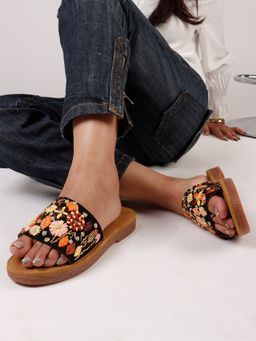 The White Pole - Stylish Black Cork Sandals with Colorful Floral Embroidery
