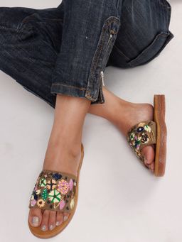 The White Pole - Stylish Brown Cork Sandals with Colorful Floral Embroidery
