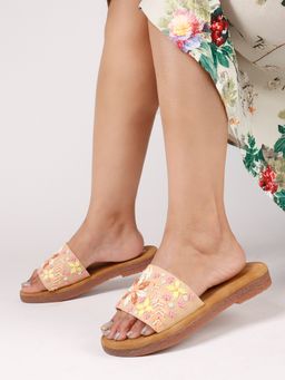 The White Pole - Stylish Beige Cork Sandals with Floral Embroidery