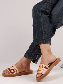 The White Pole - Designer Cream Cork Sandals with Floral Embroidery