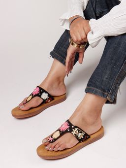 The White Pole - Chic Floral Leather Strap Black Sandals Effortless Style