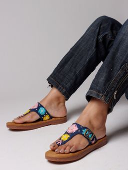 The White Pole - Chic Floral Leather Strap Blue Sandals Effortless Style for Women and Girls