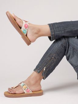 The White Pole - Chic Floral Leather Strap White Sandals