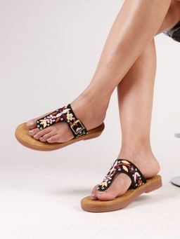 The White Pole - Floral Embroidered Black Sandals Effortless Style