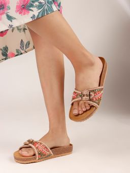 The White Pole - Pink Ethnic Floral Embroidery Slip-On Sandals for Women