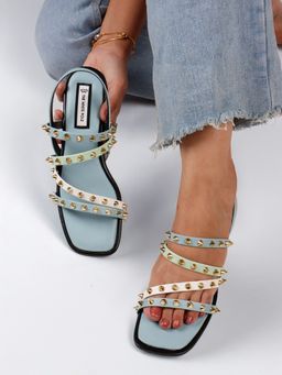 The White Pole - Stylish Leather Blue Sandals with Studded Straps Effortless