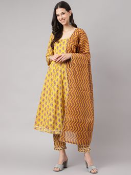 Divena - Yellow Cotton Anarkali Kurta Pant with Dupatta (Set of 3)
