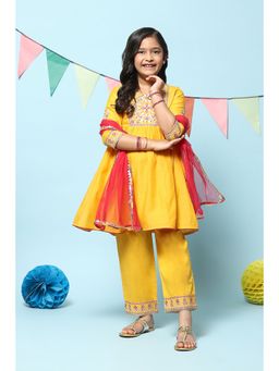 Biba - Yellow Polyester Gathered Solid Suit (Set of 3)