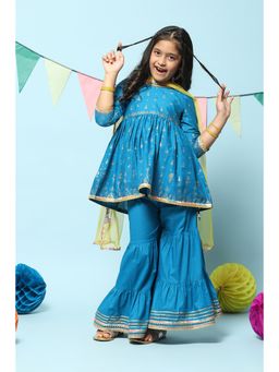 Biba - Blue Cotton Gathered Printed Suit (Set of 3)