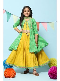 Biba - Green Cotton Printed Short Kurta Lehenga (Set of 4)