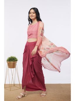 Soup by Sougat Paul - Pink & Maroon Blooming Floral Crop Top with Skirt and Jacket (Set of 3)
