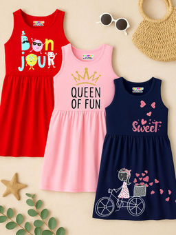 Kuchipoo - Girls Regular Fit Printed Cotton Frocks (Pack of 3)