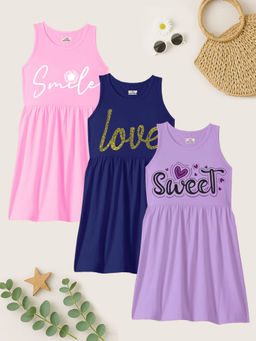 Kuchipoo - Girls Regular Fit Printed Cotton Dress (Pack of 3)