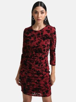 Kazo - Burgundy Stretchable Printed Mesh Ruched Mini Dress