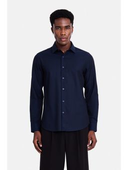 Snitch - Navy Blue Self-Design Full Sleeves Slim Formal Shirt for Men