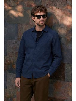 Snitch - Navy Blue Jacquard Full Sleeves Regular Casual Shirt for Men