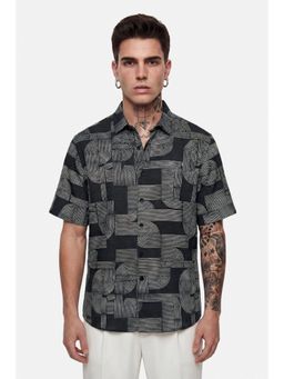 Snitch - Dark Grey Geometric Half Sleeves Boxy Casual Shirt for Men