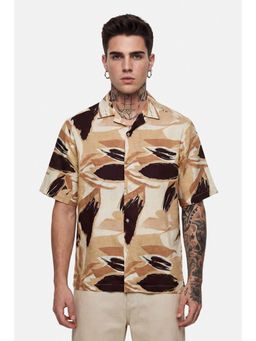 Snitch - Beige Abstract Half Sleeves Oversized Shirt for Men
