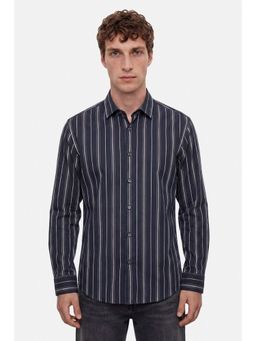 Snitch - Navy Blue Stripes Full Sleeves Slim Semi Formal Shirt for Men
