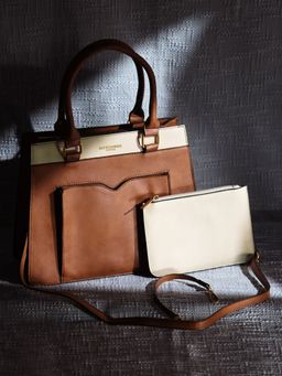 Accessorize London - Womens Faux Leather Tan Athena Color Block Handheld Bag