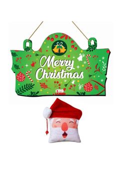 Indigifts - Xmas Door Wall Hanging Printed Green Door Hanging and Revesible Santa Soft Toy (Set of 2)