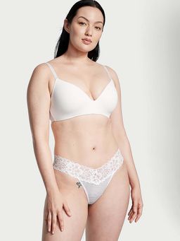 Victoria's Secret - Women White Stripes Lace Waist Cotton Thong Panty (XL)