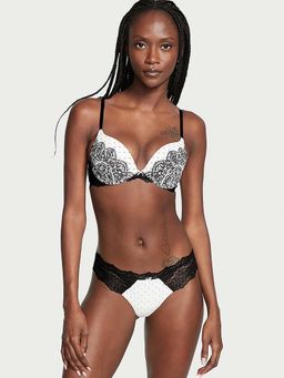 Victoria's Secret - Women Black and White Dream Angels Lace Trim Thong Panty