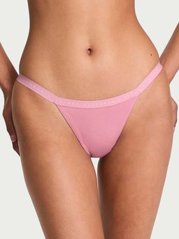 Victoria's Secret - Women Pink Solid Stretch Cotton V-String Thong Panty