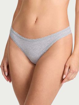 Victoria's Secret - Women Grey Lace Trim Cotton Lace-Waist Thong Panty