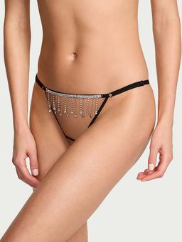 Victoria's Secret - Women Black Tassel Sparkle Crotchless Thong Panty