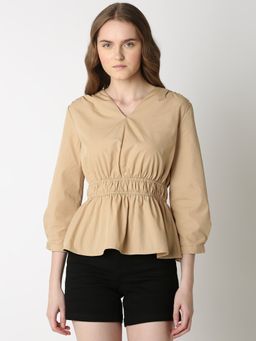 VERO MODA - Beige Cotton Peplum Top