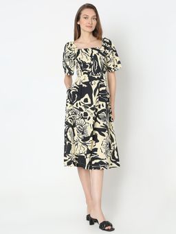VERO MODA - Beige Abstract Print Midi Dress