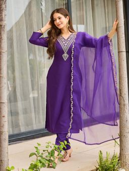 Lush Glam - Purple V-Neck Kurta With Pant & Dupatta