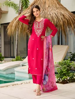 Lush Glam - Pink Round Neck Kurta With Pant & Dupatta