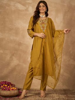 Lush Glam - Mustard Round Neck Kurta With Pant & Dupatta