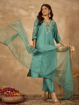 Lush Glam - Turquoise Round Neck Kurta With Pant & Dupatta