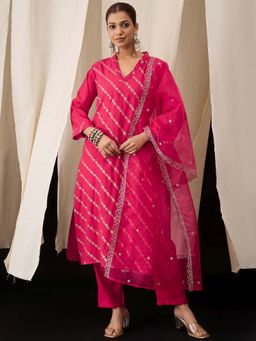 Lush Glam - Pink V-Neck Kurta With Pant & Dupatta