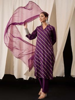 Lush Glam - Purple V-Neck Kurta With Pant & Dupatta