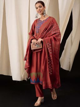 Lush Glam - Brown Printed Round Neck Kurta With Pant & Dupatta